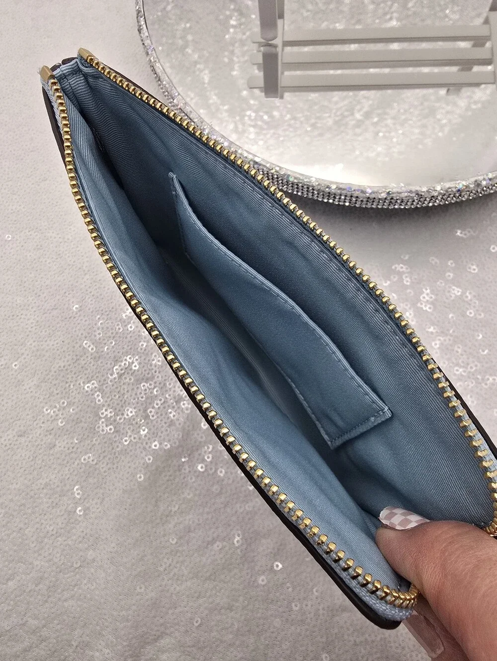 Coach Light Blue Pearlized Signature Patent Leather Wristlet Pouch